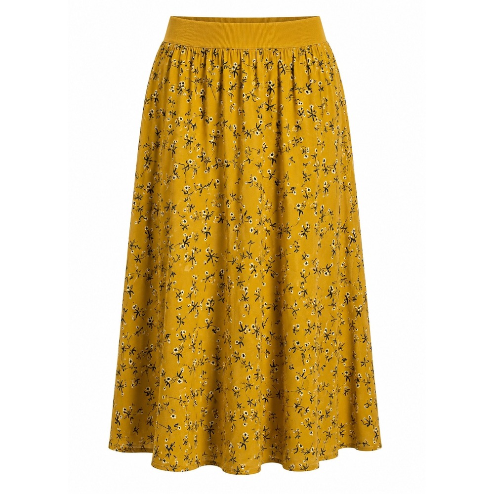 Andi + James Women Mustard Yellow Floral Midi Skirt Elastic Boho Cottagecore